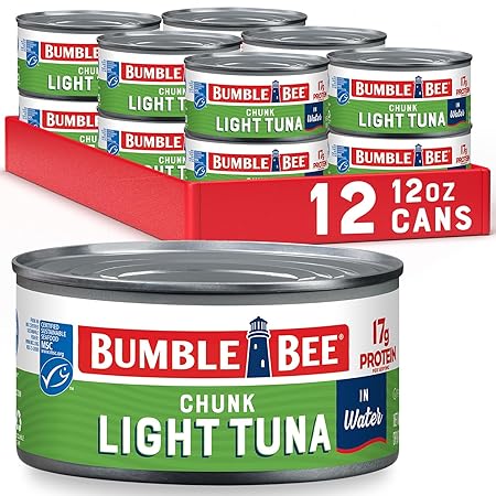 Bumble Bee Chunk Light Tuna In Water, 12 oz Can (Pack of 12) - Wild Caught Skipjack Tuna - 17g Protein Per Serving - MSC Certified Sustainable Seafood, Non-GMO, Gluten Free, Kosher