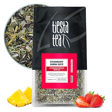 Tiesta Tea - Strawberry Samba Mate, Loose Leaf, Strawberry Hibiscus Mate Tea, High Caffeinated Fruit Blend, Make Hot or Iced Up to 200 Cups, 16oz Resealable Bulk Pouch