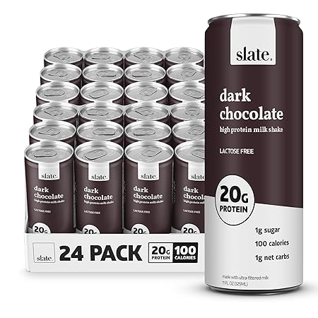 Slate Milk - High Protein Milk Shake - Dark Chocolate - Lactose Free, 20g Protein, 1g Sugar, 100 Calories, 1g Net Carbs, No Added Sugar - Natural, Breakfast Boost, Post Workout - 11 fl oz, 24 Cans