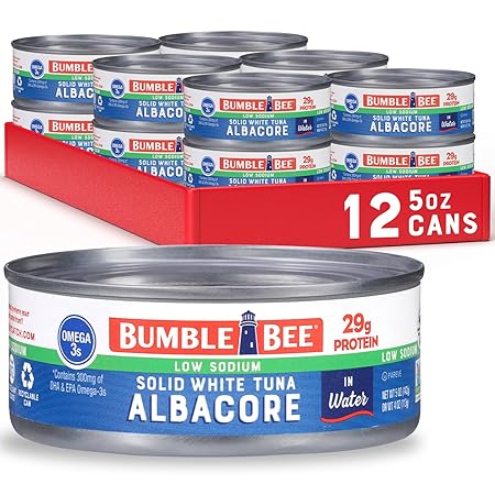 Bumble Bee Low Sodium Solid White Albacore Tuna in Water, 5 oz Can (Pack of 12) - Wild Caught Tuna - 29g Protein per Serving, High in Omega-3s - Non-GMO Project Verified, Gluten Free, Kosher