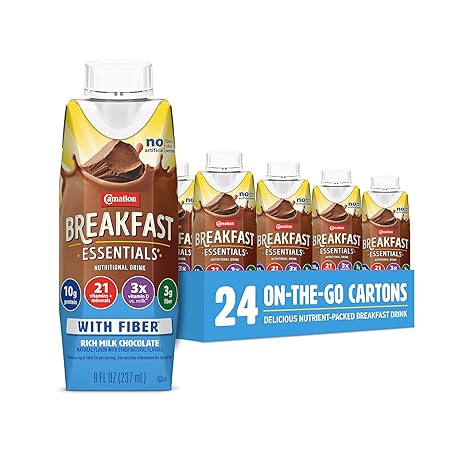 Carnation Breakfast Essentials Ready to Drink with Fiber Rich Milk Chocolate, 8 FL OZ Carton (Pack of 24) (Packaging May Vary)