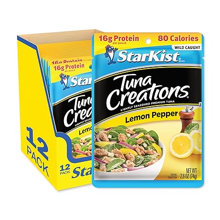 StarKist Tuna Creations Lemon Pepper, 2.6 oz Pouch (12 Pack) Ready to Eat Wild Caught Tuna, 16g Protein, 80 Calories Per Serving, Gluten Free, Soy Free, Kosher, Perfect for Salads, Meals and Snacks