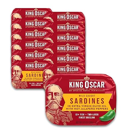 King Oscar Wild Caught Sardines in Extra Virgin Olive Oil, Hot Jalapeno Peppers, 3.75 Ounce (Pack of 12)