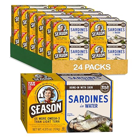 Season Sardines in Water - Wild Caught Fish, 22g of Protein, Keto Snacks, More Omega 3's Than Tuna, High in Calcium, Canned Sardines - 4.37 Oz Tins, 24-Pack