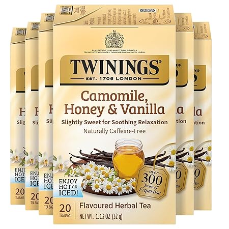 Twinings Camomile, Honey & Vanilla Herbal Tea Individually Wrapped Bags, 20 Count (Pack of 6), Naturally Caffeine-Free, Enjoy Hot or Iced, 120 Teabags