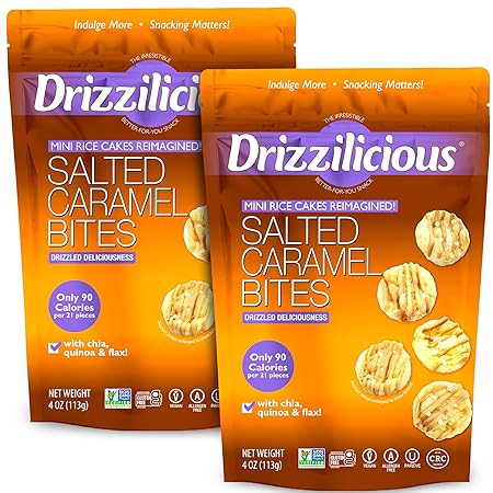Drizzilicious Mini Rice Cakes Salted Caramel - Rice Crisps, Healthy Snack for Adults & Kids, Flavored Rice Cakes, Vegan, Gluten Free, Allergen Free, 90 Calories Per Serving - 4 oz (Pack of 2)