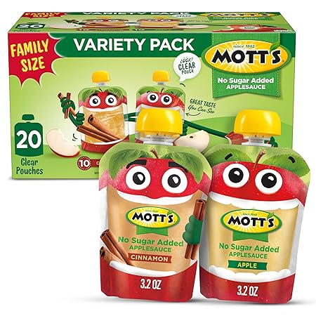 Mott's No Sugar Added Applesauce Variety Pack, Cinnamon and Apple, Made from Real Fruit, No Artificial Flavors, 3.2 Oz Clear Pouches, 20 Pack