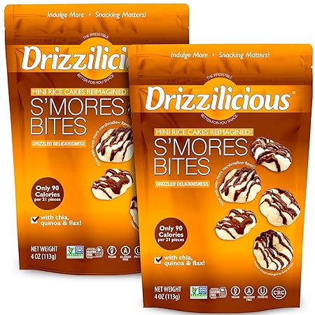 Drizzilicious Mini Rice Cakes S'mores - Rice Crisps, Healthy Snack for Adults and Kids, Flavored Rice Cakes, Vegan, Gluten Free, Allergen Free, Only 90 Calories Per Serving - 4oz (Pack of 2)