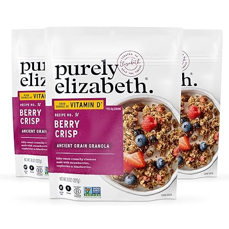 Purely Elizabeth Berry Crisp Granola wit Vitamin D, Made with Organic Oats and Ancient Grains, Gluten-Free, Non-GMO (3 Ct, 8oz Bags)