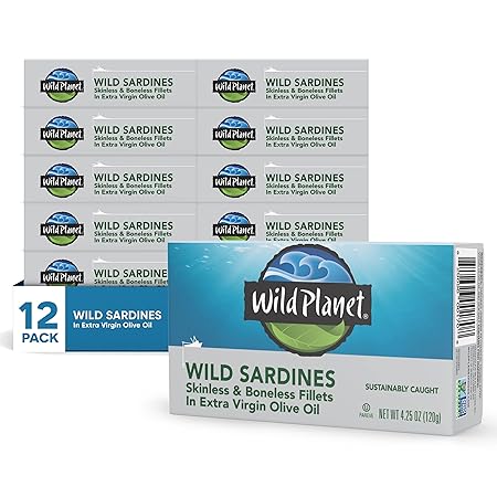Wild Planet Wild Sardines in Extra Virgin Olive Oil with Sea Salt, Skinless & Boneless, Tinned Fish 4.25 Ounce (Pack of 12)