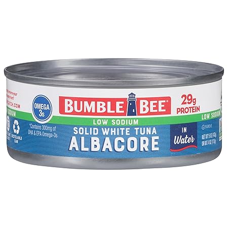 Bumble Bee Low Sodium Solid White Albacore Tuna in Water, 5 oz Can - Wild Caught Tuna - 29g Protein per Serving, High in Omega-3s - Non-GMO Project Verified, Gluten Free, Kosher
