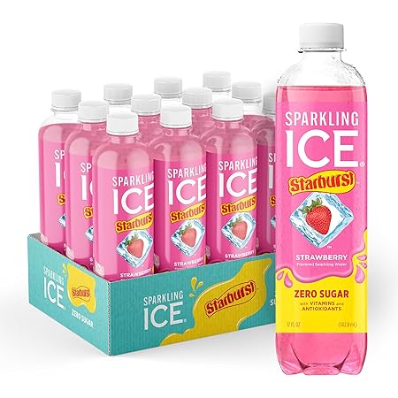 Sparkling Ice STARBURST Strawberry, Zero Sugar Flavored Sparkling Water, with Vitamins and Antioxidants, Low Calorie Beverage, 17 fl oz Bottles (Pack of 12)