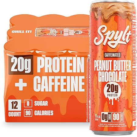 Spylt High Protein Peanut Butter Chocolate Milk with 60mg Caffeine & 20g Protein - 90 Calories, Ready to Drink, Sugar Free, Lactose Free Milk, Perfect for Workout Recovery & Afternoon Pick Me Up - 12 Count