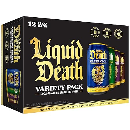 Liquid Death, Soda-Flavored Sparkling Water Variety Pack, 12-Pack (12oz Cans), Low Sugar, Huge Flavor & No Artificial Sweeteners, 4 Flavors: Severed Lime, Doctor Death, Killer Cola, and Rootbeer Wrath