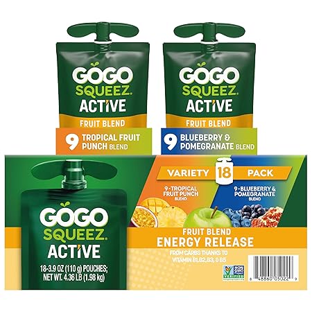 GoGo squeeZ Active Fruit Blend Energy Release|18-Count Variety Pack|Tropical Fruit Punch and Blueberry & Pomegranate|Made with Real Fruit and B Vitamins