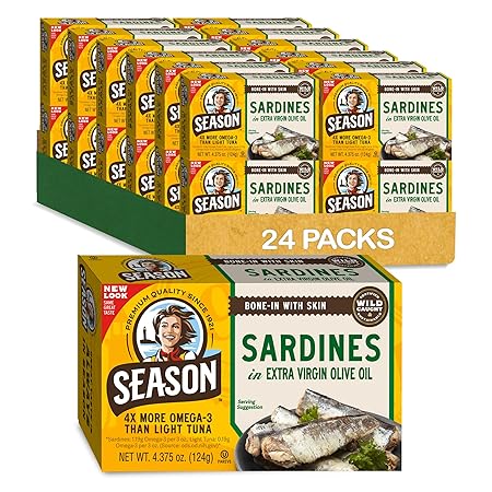 Season Sardines in Extra Virgin Olive Oil - Wild Caught, 22g of Protein, Keto Snacks, More Omega 3's Than Tuna, Kosher, High in Calcium, Canned Sardines - 4.37 Oz Tins, 24-Pack