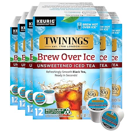 Twinings Brew Over Ice Unsweetened Peach Black Iced Tea 72 K-Cup Pods for Keurig, 12 Count (Pack of 6), Caffeinated