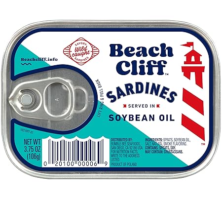 Beach Cliff Wild Caught Sardines in Soybean Oil, 3.75 oz Can - 13g Protein per Serving - Gluten Free, Keto Friendly - Great for Pasta & Seafood Recipes