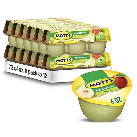 Mott's Pear Applesauce, 4 Oz Cups, 72 Count (12 Packs Of 6), No Artificial Flavors, Good Source Of Vitamin C, Nutritious Option For The Whole Family