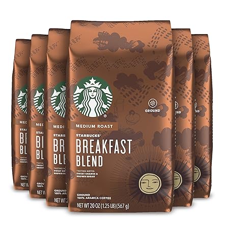 Starbucks Medium Roast Ground Coffee — Breakfast Blend — 100% Arabica — 6 bags (20 oz. each)