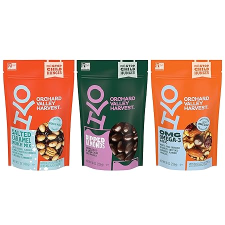 Orchard Valley Harvest Variety Pack, Salted Caramel Munch 7 oz, Dipped Almonds 8 oz, & Omega 3 Mix 8 oz (Pack of 3), Craveable, Sweet & Salty Snack Mixes, On-The-Go Snacks For The Whole Family