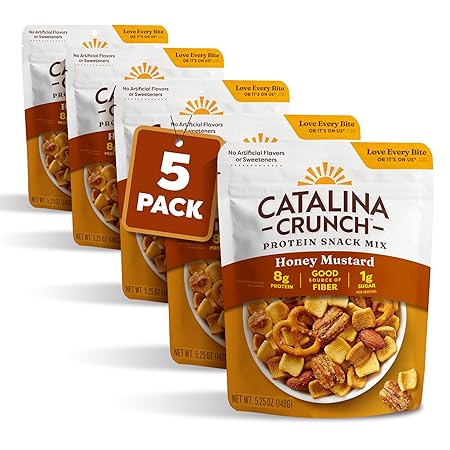 Catalina Crunch Protein Snack Mix | 8g Protein, 1g Sugar per Serving | Good Source of Fiber, Keto, Gluten Free | Honey Mustard, 5.25 Ounce Bag (Pack of 5) - Packaging May Vary
