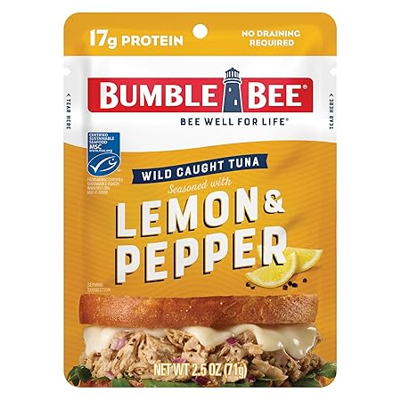Bumble Bee Lemon & Pepper Seasoned Tuna, 2.5 oz Pouch - Ready to Eat - Wild Caught Tuna Packet - 17g Protein per Serving - Gluten Free