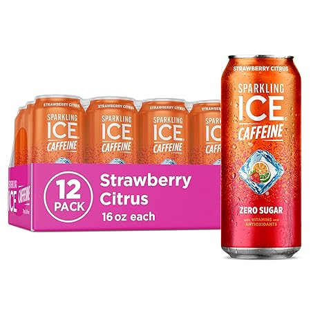 Sparkling Ice Caffeine Strawberry Citrus Sparkling Water with Caffeine, Zero Sugar, with Antioxidants and Vitamins,16 fl oz Cans (Pack Of 12)