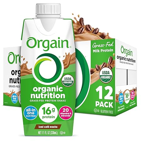 Orgain Organic Nutritional Protein Shake, Iced Café Mocha - 16g Grass Fed Whey Protein, Meal Replacement, 20 Vitamins & Minerals, Fruits & Vegetables, Gluten Free, Non-GMO, 11 Fl Oz (12 Pack)