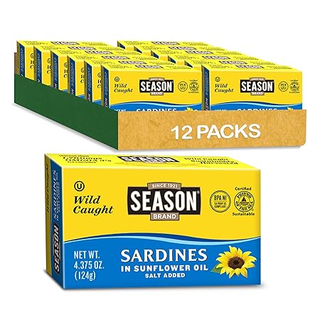 Season Sardines in Sunflower Oil - Wild Caught, 22g of Protein, Keto Snacks, More Omega 3's Than Tuna, Kosher, High in Calcium, Canned Sardines - 4.37 Oz, 12-Pack