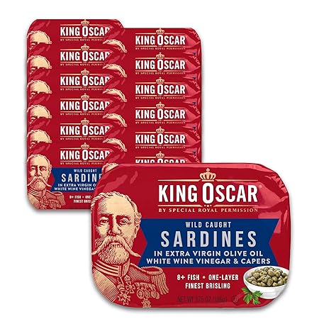 King Oscar Premium Sardines in Extra Virgin Olive Oil with White Wine Vinegar & Capers, 3.75-Ounce Cans (Pack of 12), Wild Caught Sardines