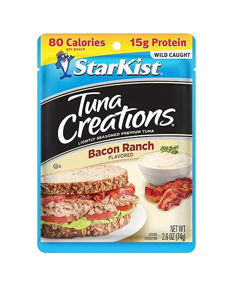 StarKist Tuna Creations Bacon Ranch, 2.6 oz Pouch (24 Pack) Ready to Eat Wild Caught Tuna, 15g Protein, 80 Calories Per Serving, Gluten Free, Soy Free, Kosher, Perfect for Salads, Meals and Snacks