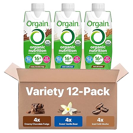Orgain Organic Nutritional Protein Shake, 16g Grass Fed Whey Protein, Meal Replacement, 20 Vitamins & Minerals, Fruits & Vegetables Variety Pack, Chocolate, Vanilla, Mocha, 11 Fl Oz (12 Pack)