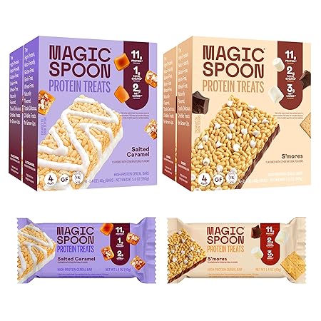 MAGIC SPOON Treats - High Protein Bars, Low Carb, Keto Friendly, 1g of Sugar, Crispy Treat Cereal Bar, On-The-Go Healthy Snack (8 Salted Caramel Bars, 8 Smores Bar)