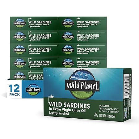 Wild Planet Wild Sardines in Extra Virgin Olive Oil, Lightly Smoked, Tinned Fish, Sustainably Wild-Caught, Non-GMO, Kosher, Gluten Free, 4.4. Ounce (Pack of 12)