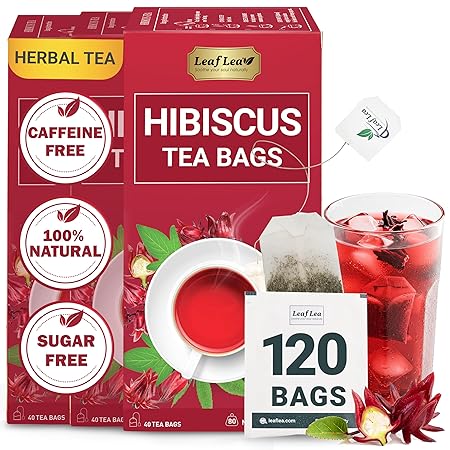 LeafLea 120 Hibiscus Tea Bags, 100% Pure Natural Hibiscus Flowers Herbal Tea, Natural Red Hibiscus Flower Tea, Te de Hibisco, Caffeine-Free, No Sugar, Vegan, Non-GMO, Rich in Flavor & Color, Pack of 3