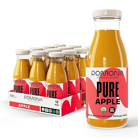 Pomona Organic Apple Juice (Pack of 12), Cold Pressed USDA Organic Juices, Apples And Lemon Juice, No Added Sugar, Not From Concentrate, Vegan, Kosher, Non GMO, Pasteurized, 8.4 Oz Glass Bottles