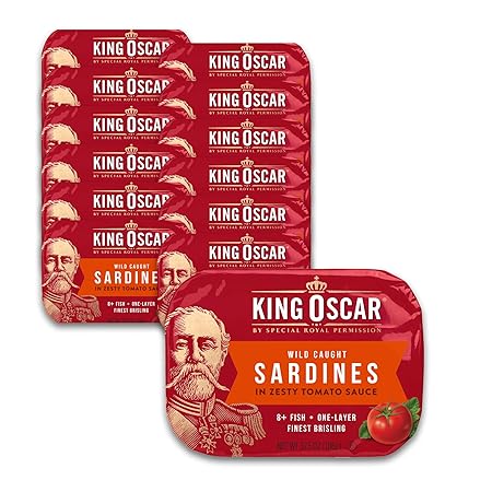 King Oscar Premium Sardines in Zesty Tomato Sauce, 3.75 Ounce Cans (Pack of 12), Wild Caught Canned Sardines