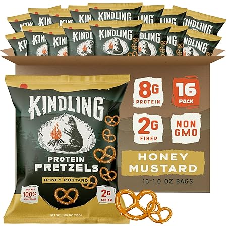 Kindling Protein Pretzels - Honey Mustard | Protein-Packed Snack Size Bags | Kosher | 8-9g Protein Per Serving | Only 1-2g of Total Sugar | No Artificial Flavors, Soy-Free | Lunches, Office Snacks, & On-the-Go | 16-Count (1.06oz Bags)
