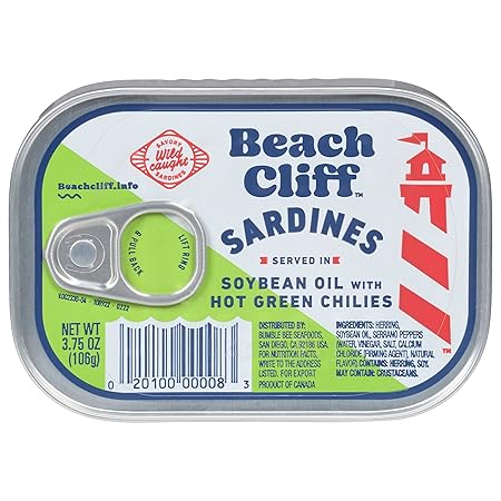 Beach Cliff Wild Caught Sardines in Soybean Oil with Hot Green Chilies, 3.75 oz Can - 17g Protein per Serving - Gluten Free, Keto Friendly - Great for Pasta & Seafood Recipes