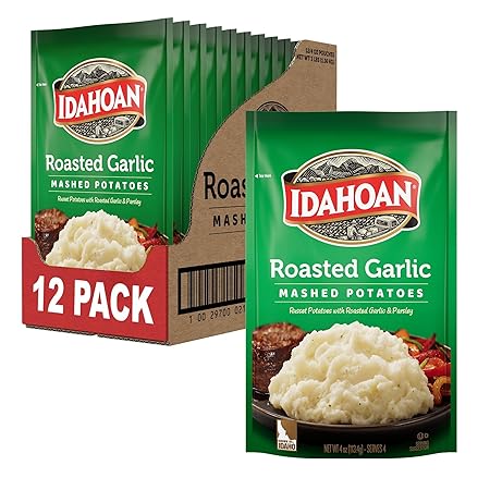 Idahoan Roasted Garlic Mashed Potatoes, Naturally Gluten-Free, 100% Real Idaho Potatoes, 4 servings per bag, 4 ounce (Pack of 12)
