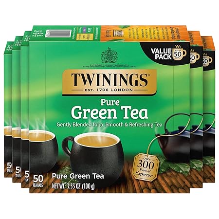 Twinings Pure Green Tea Individually Wrapped Bags, 50 Count (Pack of 6), Smooth Flavour, Enticing Aroma, Caffeinated, Enjoy Hot or Iced, 300 Teabags