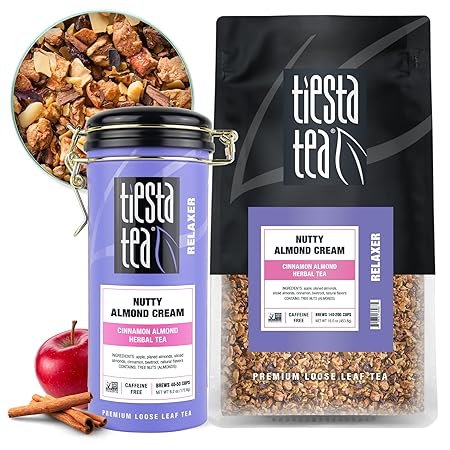 Tiesta Tea - Nutty Almond Cream, Premium Loose Leaf, Cinnamon Almond Herbal Tea Blend, Non-Caffeinated, Make Hot or Iced & Brews Up to 250 Cups, 16oz Bulk Pouch & 6.2oz Refillable Tin Combo