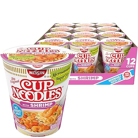 Nissin Cup Noodles Soup, Shrimp Flavor, Microwaveable Paper Cups, Instant Ramen, 2.25 Ounce (Pack of 12)