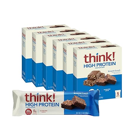 think! Protein Bars, High Protein Snacks, Gluten Free, Kosher Friendly, Brownie Crunch, Nutrition Bars, 2.1 Oz per Bar, 30 Count (Packaging May Vary)