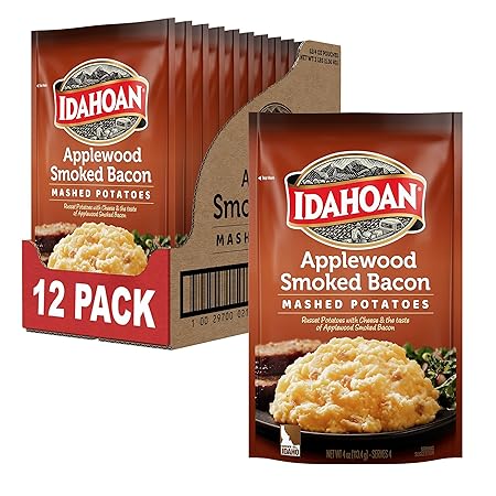 Idahoan Applewood Smoked Bacon Mashed Potatoes, Naturally Gluten-Free, 100% Real Idaho Potatoes, 4 servings per bag, 4 ounce (Pack of 12)