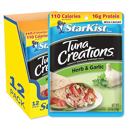 StarKist Tuna Creations Herb and Garlic, 2.6 oz Pouch (12 Pack) Ready to Eat Wild Caught Tuna, 15g Protein, 110 Calories Per Serving, Kosher, Perfect for Salads, Meals and Snacks