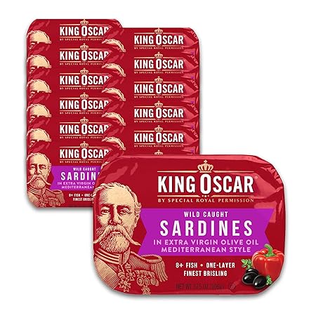 King Oscar Premium Sardines in Extra Virgin Olive Oil, Mediterranean Style, 3.75 Ounce Cans (Pack of 12), Wild Caught Sardines