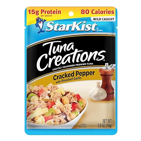 StarKist Tuna Creations Cracked Pepper with Roasted Garlic, 2.6 oz Pouch (1 Pack) Ready to Eat Wild Caught Tuna, 15g Protein Per Serving, Gluten Free, Soy Free, Perfect for Salads, Meals and Snacks