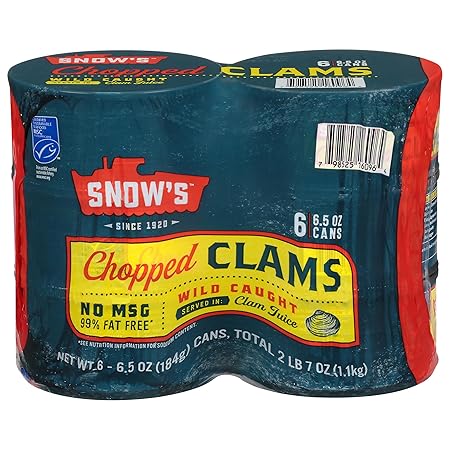Snow's Wild Caught Chopped Clams Canned, 6.5 oz Can (Pack of 6) - 5g Protein Per Serving - Gluten Free, Keto Friendly, 99% Fat Free